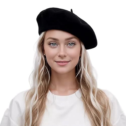 Lanzom Wool Blend Women Beret Hat French Beret Cap Winter Fashion Solid Color Hat for Women Girls Lady - color: Black