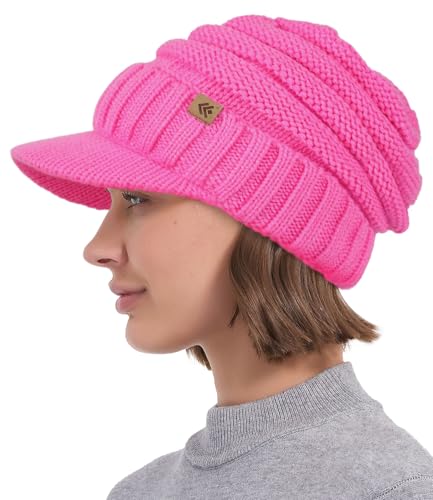 Women Men Winter Beanie Hat with Visor, Warm Fleece Lined Beanie Cap, Thick Knit Cap Slouchy Hat with Brim - color: Pink