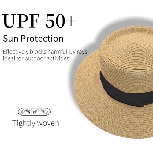 Straw Sun Hat Wide Brim Panama Boater Hat for Women & Men - Lightweight Foldable Summer Beach Hat for Vacation - color: Black