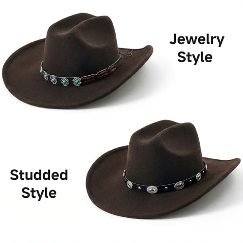 Western Cowboy Hat for Women, Shapable Wide Brim Felt Cowgirl Hat with 2 Bands for Party Festival - color: Brown