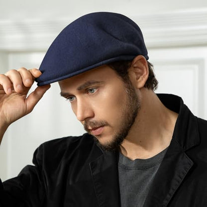 Wool Blend Mens Newsboy Caps, Classic Flat Cap Ivy Cabbie Gatsby Hat Winter Beret Hat for Men - color: Navy Blue