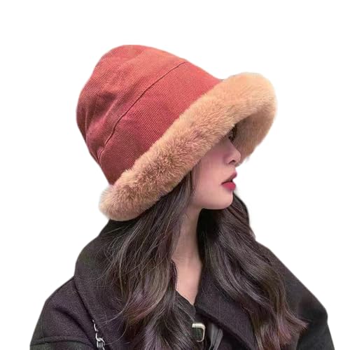 XYX Women Winter Knit Fleece Lined Bucket Hat Beanie Hat Rolled Brim Faux Fur Crochet Skull Cap - color: Red