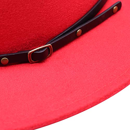 DRESHOW Women Classic Felt Fedora Wide Brim Floppy with Belt Buckle Panama Hat - color: 1 Pack: Felt Fedora Red