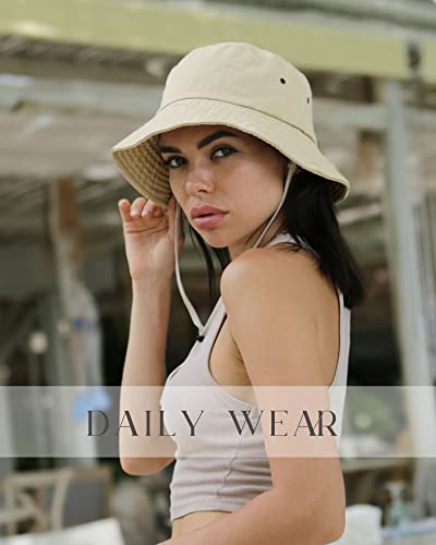 FURTALK Bucket Hats for Women Washed Cotton Packable Summer Beach Sun Hats Bucket Hat with Strings for Travel - color: Light Khaki