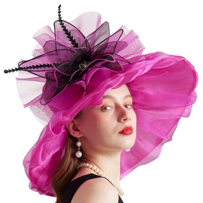 Women Organza Church Derby Hat Wide Brim Sun Caps for Wedding Tea Party Hat with Detachable hat Flower as Headgear - color: 10-rose Red