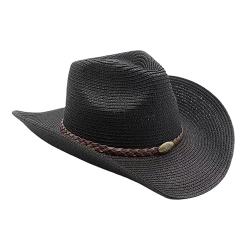 Straw Cowgirl Hat for Women Cowboy Hats for Men Wide Brim Sun Hat Shapeable Western Hat Beach Hat - color: A-black