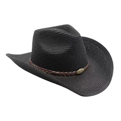 Straw Cowgirl Hat for Women Cowboy Hats for Men Wide Brim Sun Hat Shapeable Western Hat Beach Hat - color: A-black