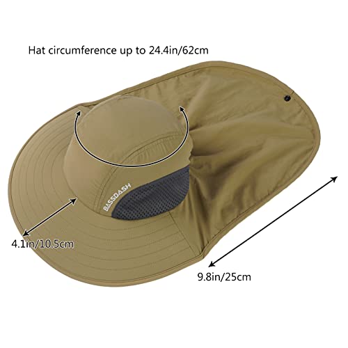 BASSDASH UPF 50+ Unisex Water Resistant Wide Brim Sun Hat with Large Neck Flap Ponytail Fishing Hat for Men Women - color: Dark Khaki