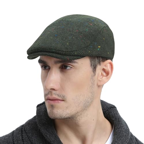 FEINION Men Wool Blend Flat Cap Tweed Newsboy Ivy Hat - color: Flecked Green