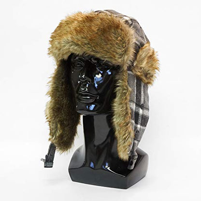 IgloosBuilt Men’s Wool Blend Trapper Hat with Faux Fur Ear Flap, Ushanka Winter Hat for Hunting, Fishing, Hiking, Camping - color: Gray/Black/White Plaid, size: Large-X-Large