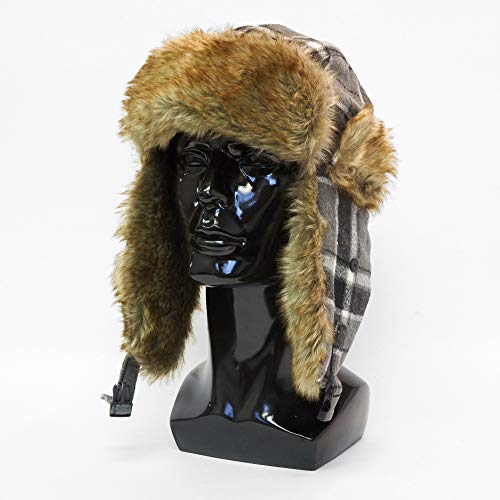 IgloosBuilt Men’s Wool Blend Trapper Hat with Faux Fur Ear Flap, Ushanka Winter Hat for Hunting, Fishing, Hiking, Camping - color: Gray/Black/White Plaid, size: Medium-Large