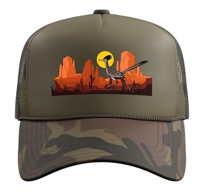 Roadrunner Bird Desert Vibes Arizona New Mexico Nevada Trucker Hat with Adjustable Mesh Back - color: Camo Green