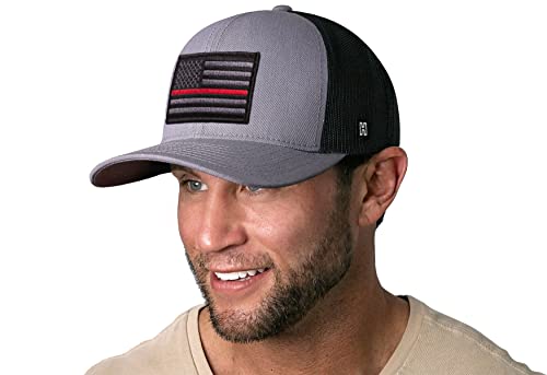 HAKA American Flag Hat | USA Mesh Trucker Snapback Comfort Baseball Cap - color: Gray & Black, style: Thin Red Line (Grey Stripes)