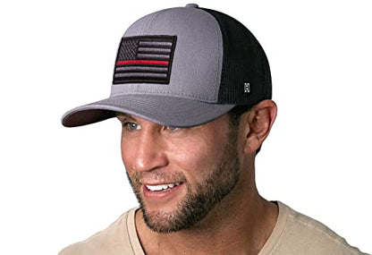 HAKA American Flag Hat | USA Mesh Trucker Snapback Comfort Baseball Cap - color: Gray & Black, style: Thin Red Line (Grey Stripes)