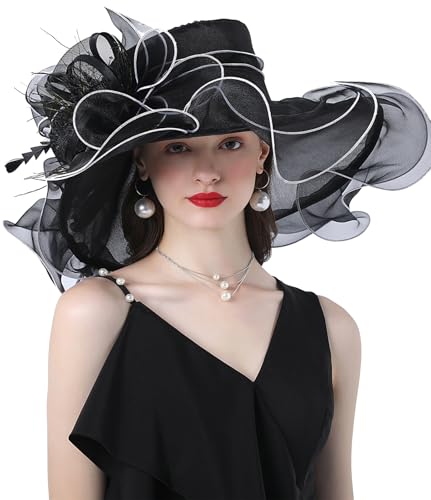 ORIDOOR Women Hats Headband Hairpin Organza Fascinator Church Hat Floral Tea Party Wedding Hat - color: 013e Black