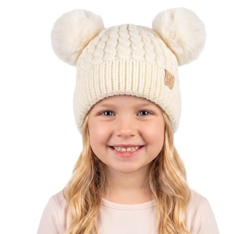 C.C Kids' Cable Knit Double Pom Beanie for Kids - Comfortable Soft Warm Children Skully Hat with Pom - color: Matching Faux Fur Pom Ivory
