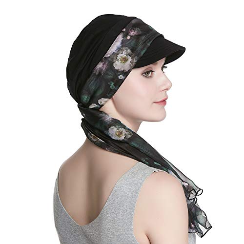 Alnorm Breathable Cotton Hat and Scarf Set Chemo Headwear for Women - color: Black Rose