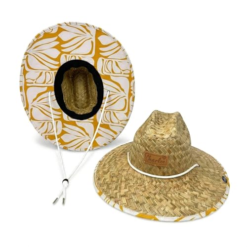 Women's Wide Brim Straw Sun Hat for Beach, Lifeguard Style, Hand-Woven Rush & Mat, Adjustable Chin Drawstring - color: The Charlee
