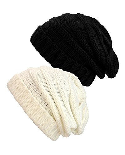 NYFASHION101 Oversized Baggy Slouchy Thick Winter Beanie Hat - color: Black & Ivory