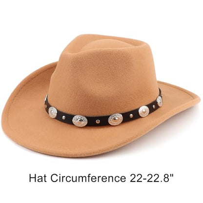 DRESHOW Women Men Classic Felt Wide Brim Western Cowboy & Cowgirl Cap Belt Buckle Retro Panama Hat Unisex Rolled up Caps - color: 1 Pack Style 1: Khaki (Hat Circumference: 22-22.8")