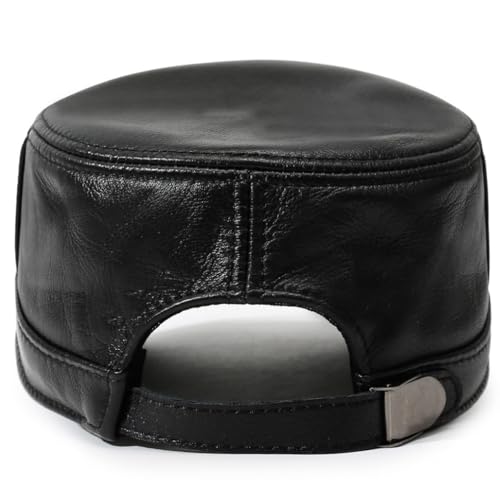 Leather Military Cap for Men Cadet Army Caps Style Flat Cap - color: Black