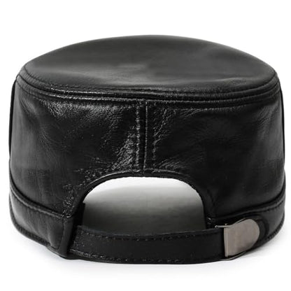 Leather Military Cap for Men Cadet Army Caps Style Flat Cap - color: Black