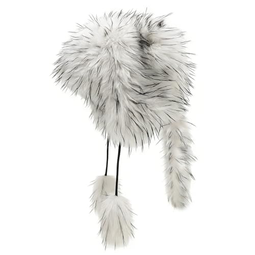 Raccoon Tail Parent-Child Plush Hat Warm Faux Fur Animal Hat with Tail - color: Adult Style-white