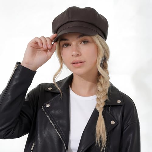 C.C Knitted Newsboy Cap for Women – Soft Knit Hat with Adjustable Velcro, Lightweight Warm Winter Style - color: Faux Leather-dk. Chocolate