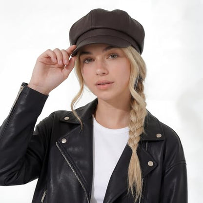 C.C Knitted Newsboy Cap for Women – Soft Knit Hat with Adjustable Velcro, Lightweight Warm Winter Style - color: Faux Leather-dk. Chocolate