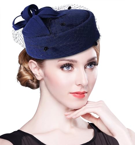 Z&X British Vintage Wool Felt Pillbox Hat Ladies Church Derby Winter Fascinator Hat Veil Flower Fedoras - color: A- Navy Blue
