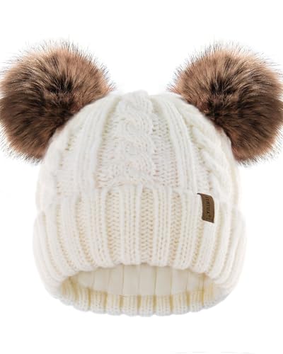FURTALK Toddler Winter Hat Knit Beanie Double Faux Fur Pompoms Girls Boys - color: Cream White, size: 6-24 Months
