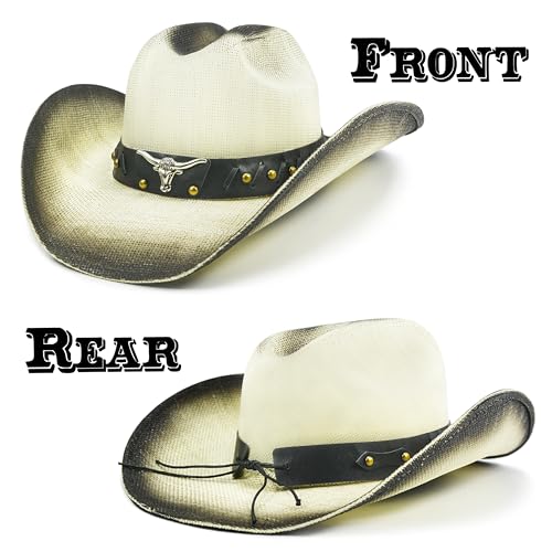 FLUFFY SENSE. Cowboy Hat for Women and Men - Straw Cattleman Crease Western Hats with Upgrade 4 inches Shapeable Wide Brim - color: Vanilla White