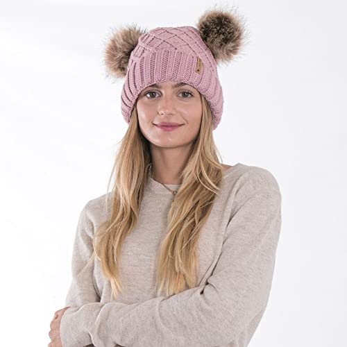 Arctic Paw Womens Winter Hat Cable Knit Beanie for Women Faux Fur Pompom Ears - color: Pink_grid