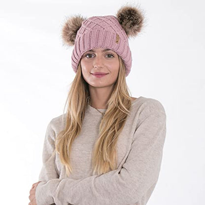 Arctic Paw Womens Winter Hat Cable Knit Beanie for Women Faux Fur Pompom Ears - color: Pink_grid