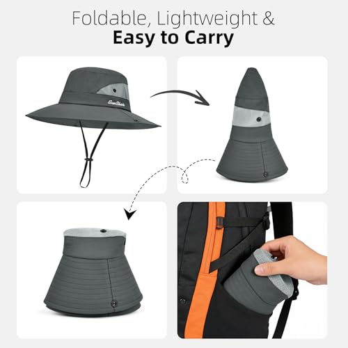 Rosoz Ponytail Sun Bucket Hats for Women UV Protection Foldable Wide Brim - color: 1 Pack-gray