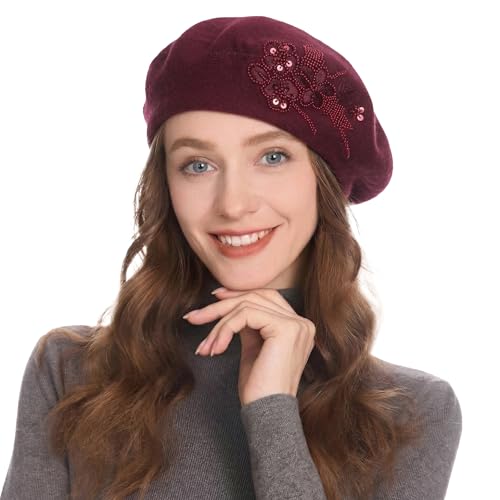ZLYC Women French Beret Hat Reversible Knit Thickened Warm Artist Cap - color: Embroidered Flower Burgundy