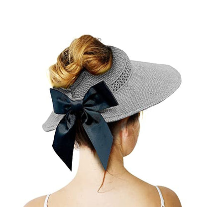 Straw Sun Visor for Women, Wide Brim UPF 50+ Protection Beach Hat, Adjustable, Roll Up Foldable Ponytail Cap with Chin Strap - color: A Light Grey