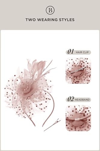 BABEYOND Fascinators Hats for Women Tea Party Flower Tulle Bead Derby Hat - color: Nude Pink