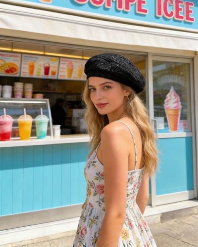 Women Lightweight Beret Floral Hollow Out Hat Breathable French Beret Beanie Hat Cap for Spring Summer - color: Black Lace 1#
