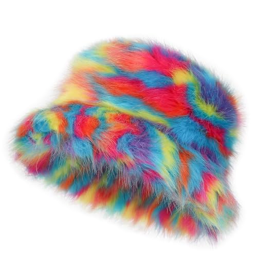 LA CARRIE Women's Fuzzy Wide Brim Faux Fur Bucket Hat Winter Fisherman Cap - color: Rainbow