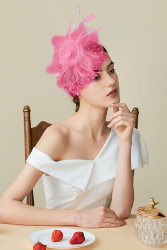 BABEYOND Fascinators Hats for Women Tea Party Flower Tulle Bead Derby Hat - color: Hot Pink