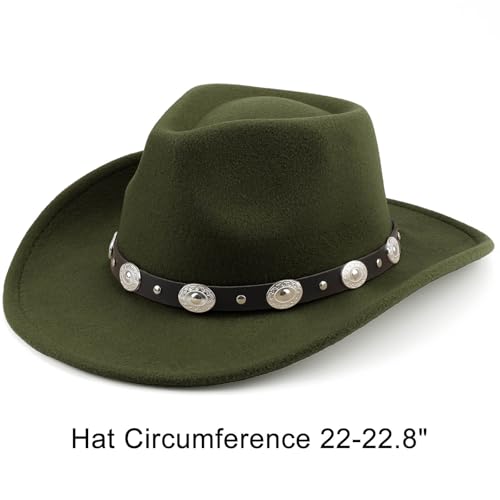 DRESHOW Women Men Classic Felt Wide Brim Western Cowboy & Cowgirl Cap Belt Buckle Retro Panama Hat Unisex Rolled up Caps - color: 1 Pack Style 1: Army Green (Hat Circumference: 22-22.8")