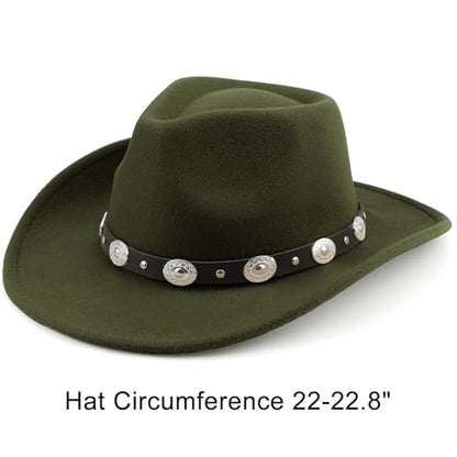DRESHOW Women Men Classic Felt Wide Brim Western Cowboy & Cowgirl Cap Belt Buckle Retro Panama Hat Unisex Rolled up Caps - color: 1 Pack Style 1: Army Green (Hat Circumference: 22-22.8")