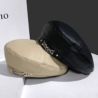 Women's PU Leather French Artist Beret Cap - color: Beige