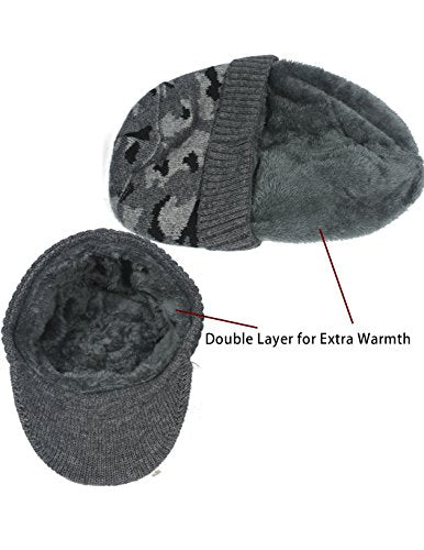 Dahlia Men's Beanie with Visor - Wool, Winter Hat w/Brim, Fleece Lined - color: Camo Gray