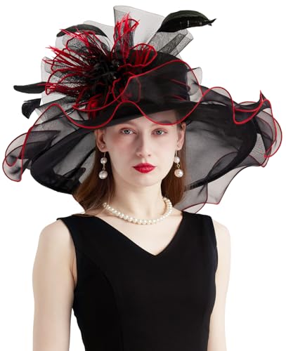 Organza Church Derby Hats for Women Wedding Tea Party Fascinator Floral Wide Brim Sun Hat - color: Style02 Black Red
