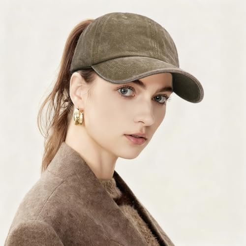 Women Washed Baseball Cap Vintage Blank Hat with Ponytail Hole - color: Khaki