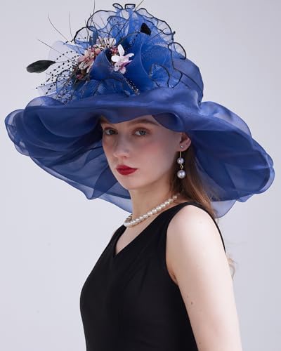 Women's Organza Church Kentucky Hat Fascinato Wedding Cocktail Tea Party Derby Hats Sun Hat - color: 06-navy Blue