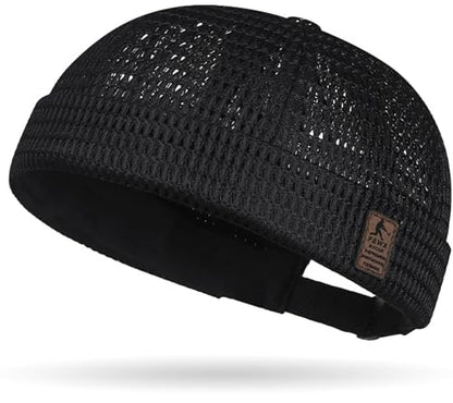 Mens Mesh Brimless Cap with No Brim, Summer Docker Cap Beanie Hat Flip Sailor Skullcap Breathable - color: Black