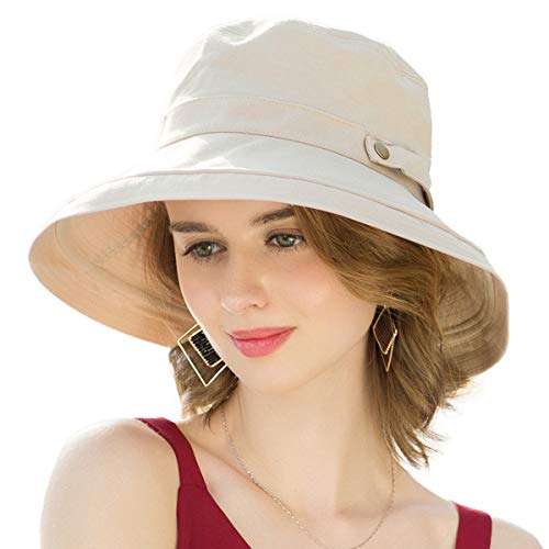 Womens Cotton Wide Brim Sun Hats UPF50+ UV Packable Beach Hat Summer Bucket Cap for Travel - color: Button Decoration-beige